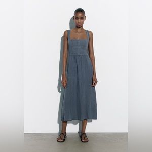 Linen Zara MIDI Dress size small navy scalloped edge
